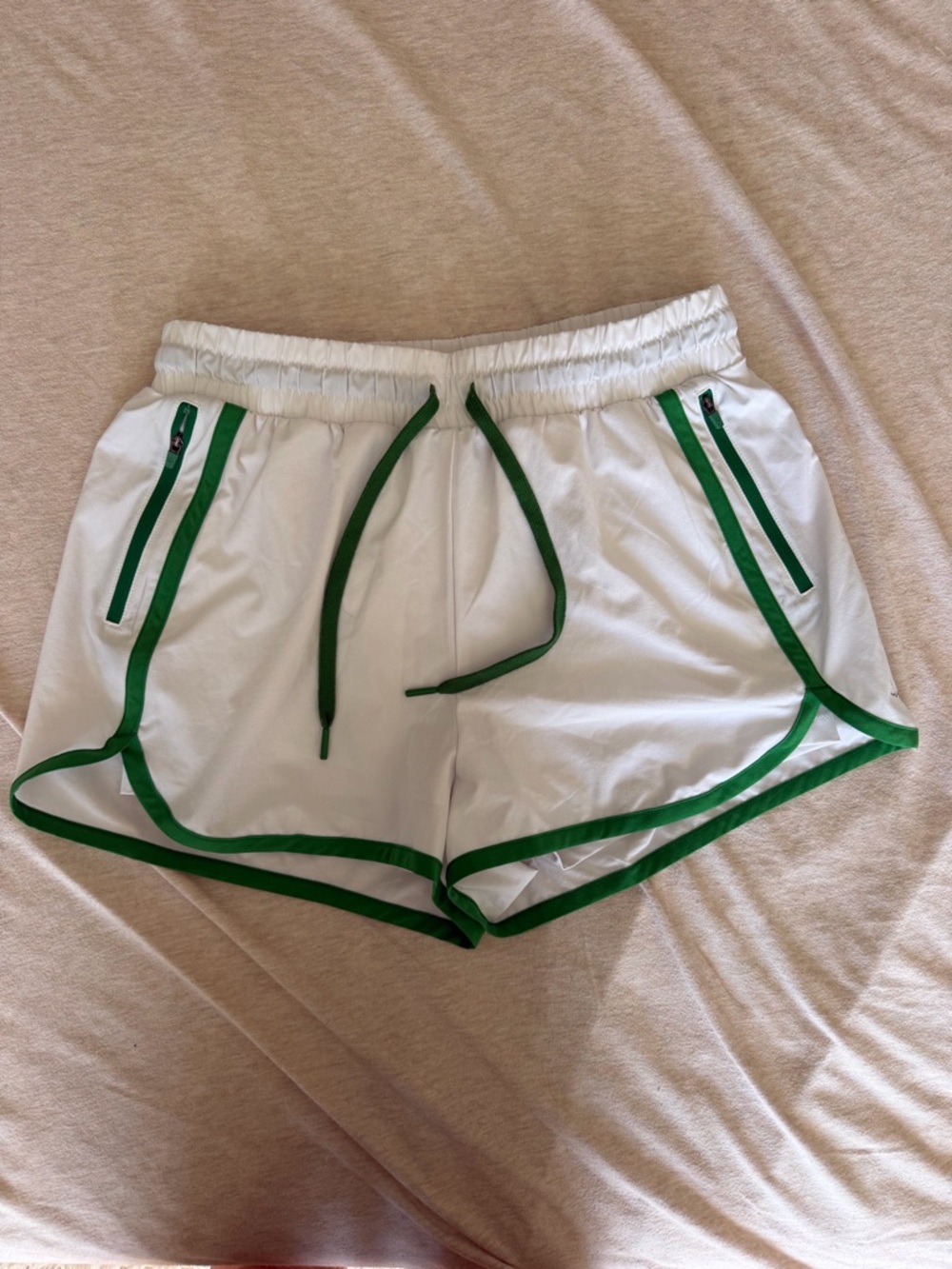 Beyond Yoga White Athletic Shorts with Green Trim and Built in Shorts